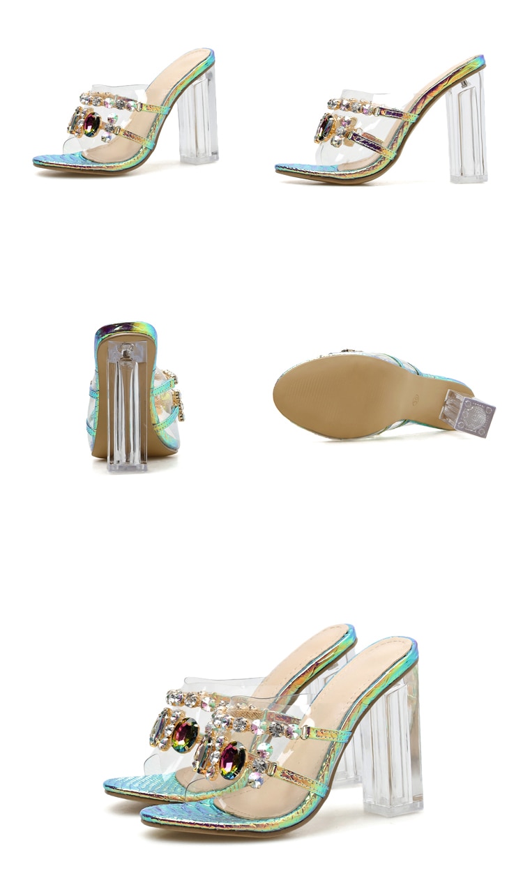Eilyken New Design Color Diamonds Transparent PVC Crystal Square Heel Slippers Jelly Sandal Fashion Open Toe Women Wedding Shoe