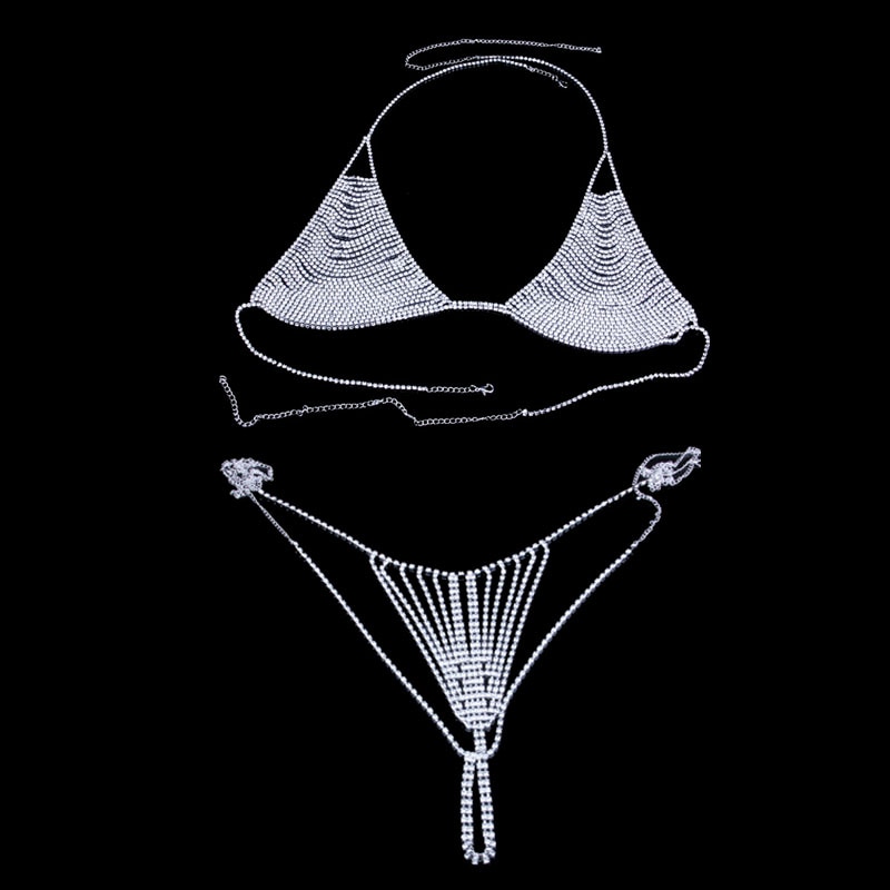 Stonefans Bikini Suit Rhinestone Body Chain Harness Breast Bra for Women Sexy Underwear Belly Chain Crystal Thong Body Jewelry