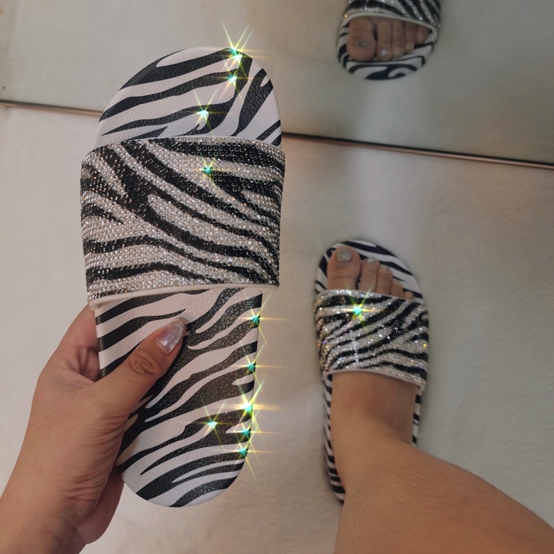 2020 women shoes best sellers fashion slippers zebra print snake print slides women rhinestone luxury slides Flat with slippers