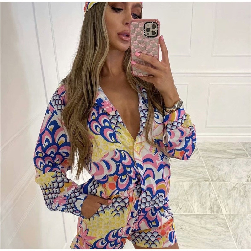 3 Piece Summer Print Long Sleeve Blouse, Scarf And Mini Shorts Set