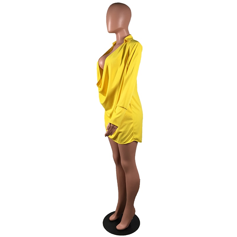 Low-Cut Yellow Long Sleeve Lapel Dress