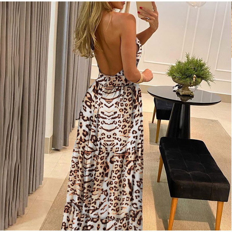 Halter Leopard Print Backless Dress
