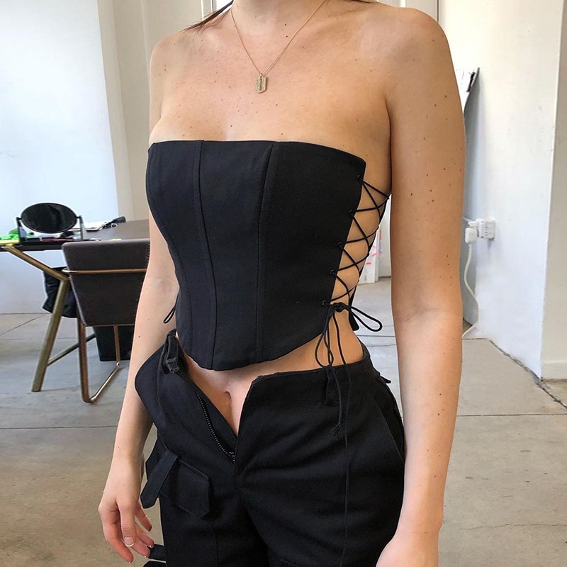 Off Shoulder Strapless Lace Up Sexy Bustier Corset Crop Tops for Women Black Sleeveless Vest Top Cropped Feminino