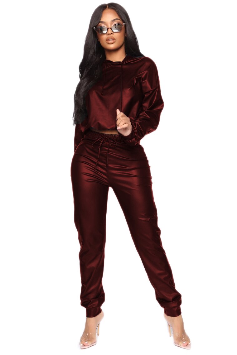 Hooded Full Sleeve Crop Top Faux Leather Tracksuit