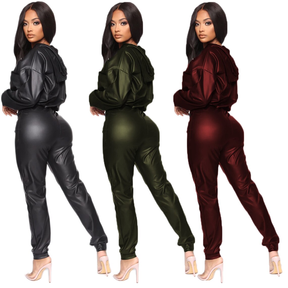 Hooded Full Sleeve Crop Top Faux Leather Tracksuit