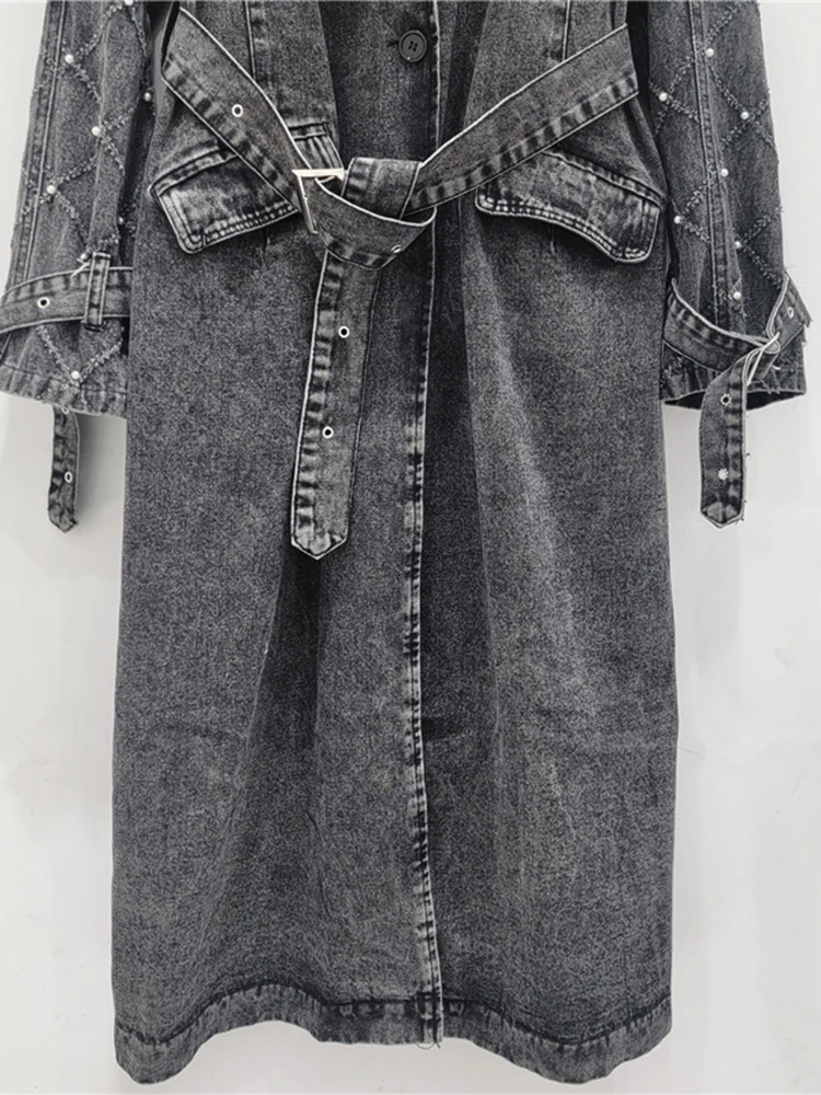 Beaded Belted Wash Denim Trench Coat