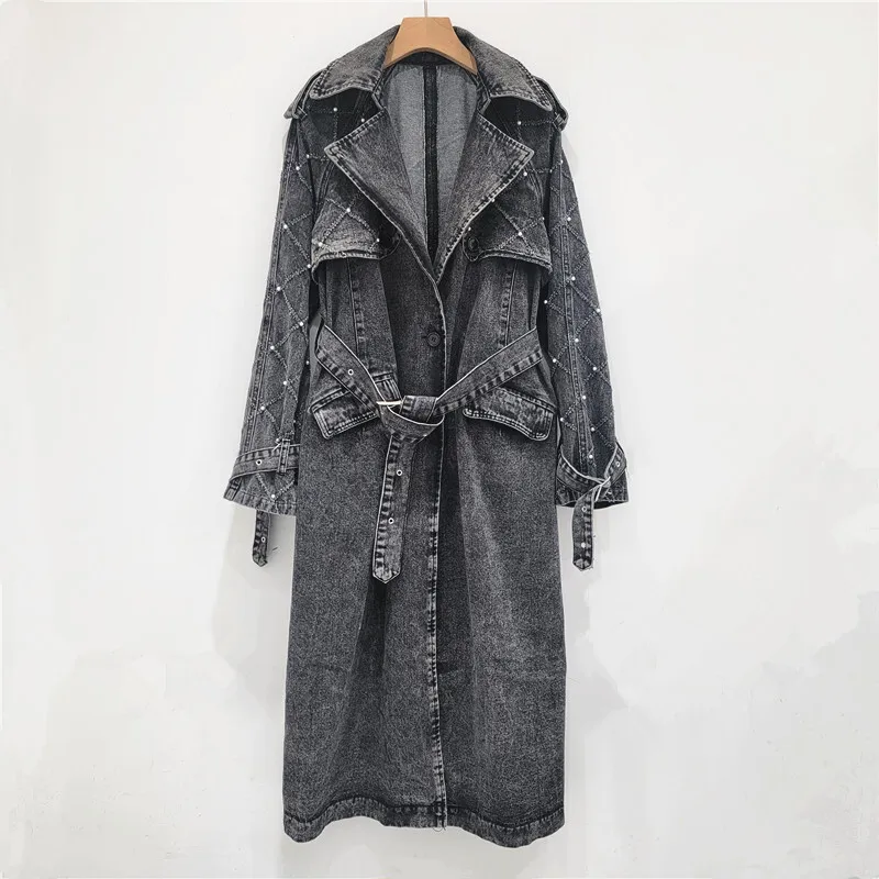 Beaded Belted Wash Denim Trench Coat