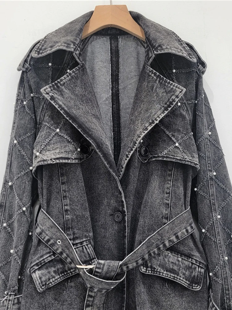 Beaded Belted Wash Denim Trench Coat