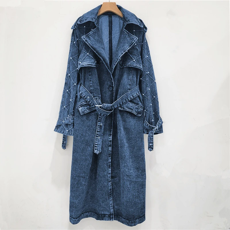 Beaded Belted Wash Denim Trench Coat