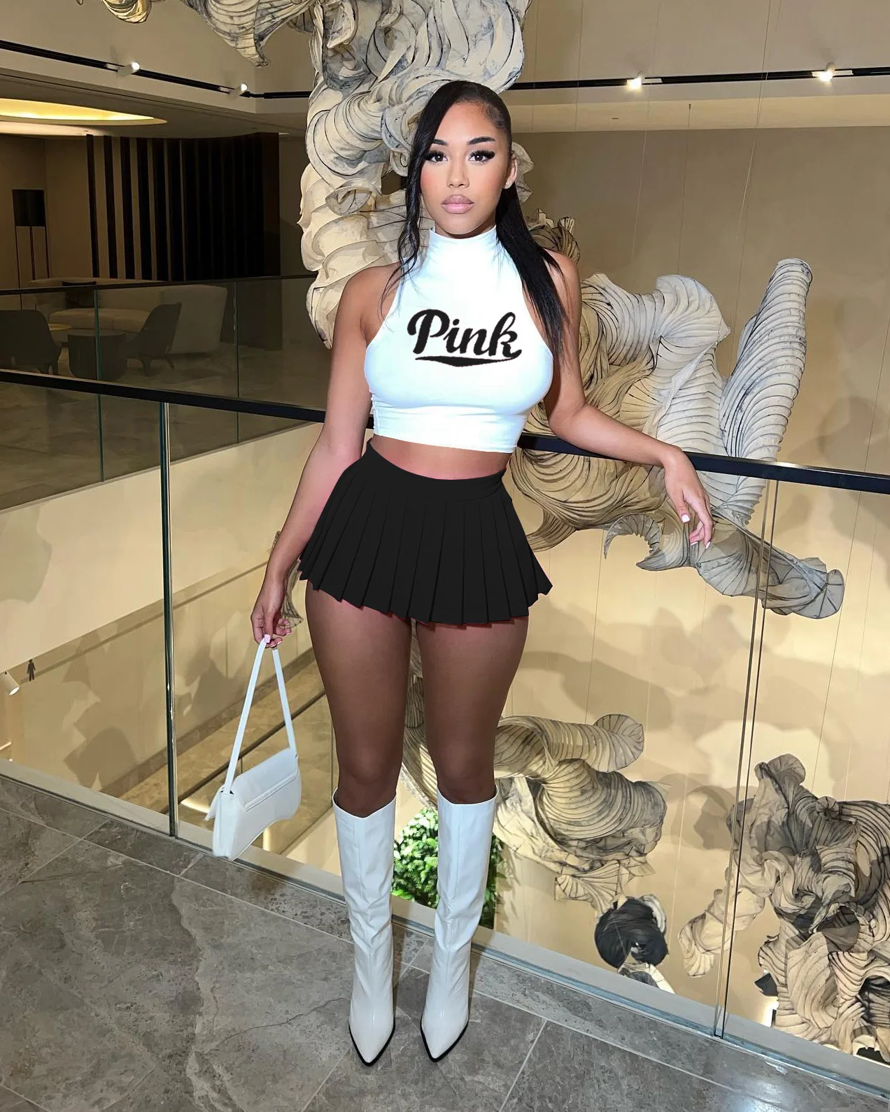 Sleeveless Crop Top Pleated Skirts Set
