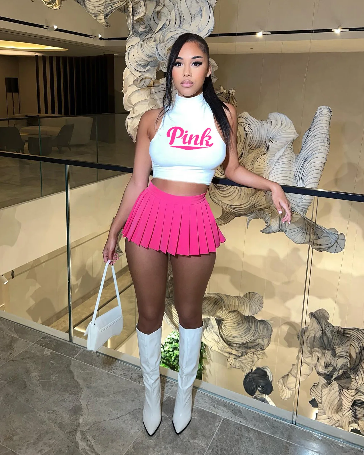 Sleeveless Crop Top Pleated Skirts Set
