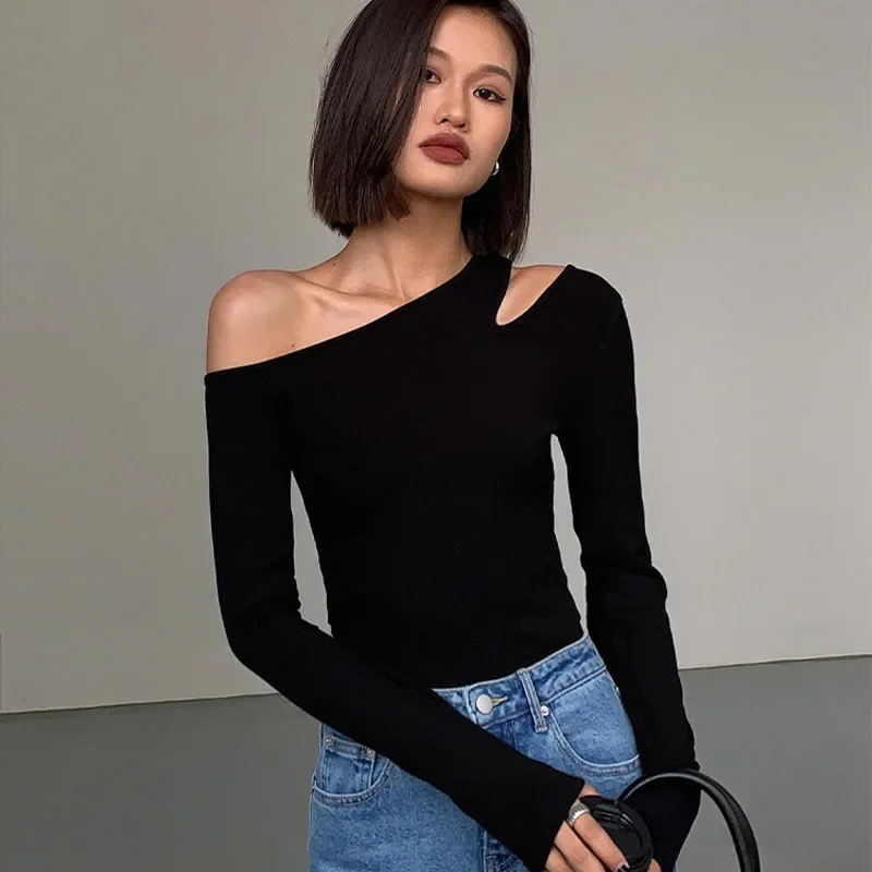Skew Collar Off-Shoulder Long-Sleeved Top