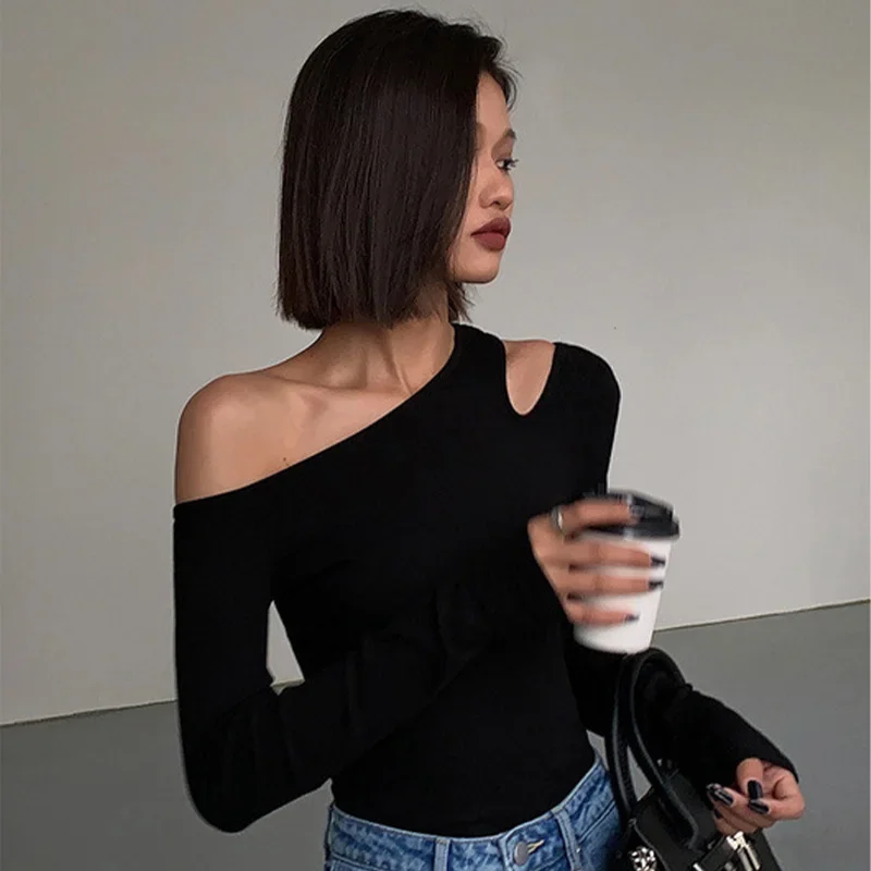 Skew Collar Off-Shoulder Long-Sleeved Top