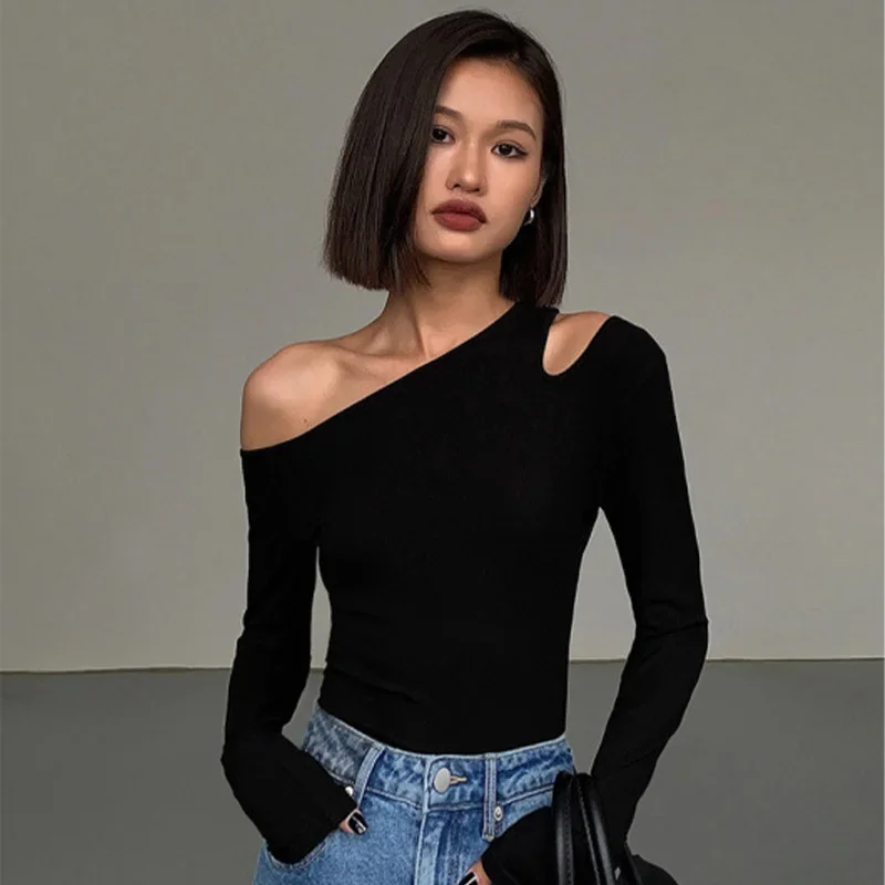 Skew Collar Off-Shoulder Long-Sleeved Top
