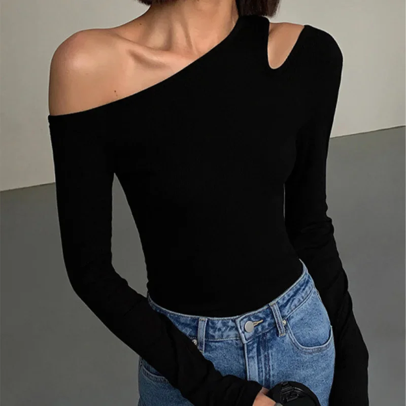 Skew Collar Off-Shoulder Long-Sleeved Top